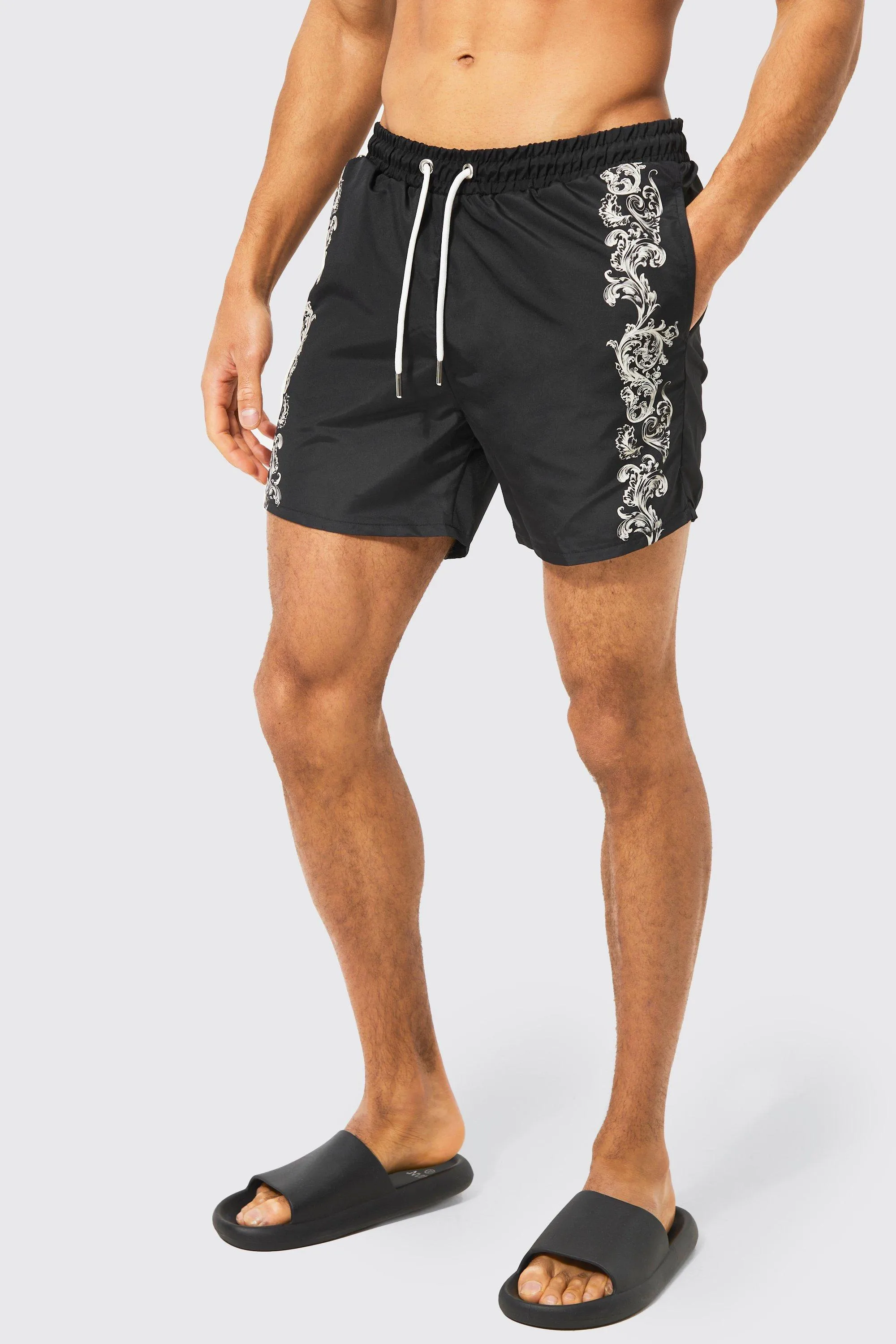 Baroque Print Mid Length Swim Shorts | boohooMAN UK