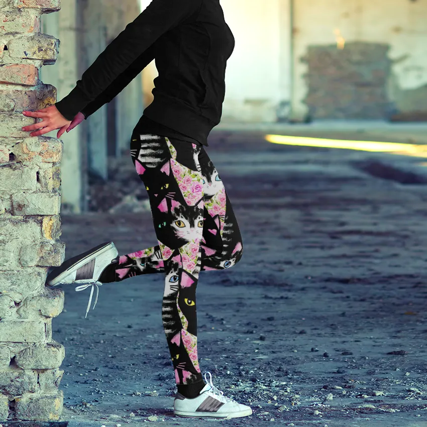 Black Cats N Pink Roses Leggings