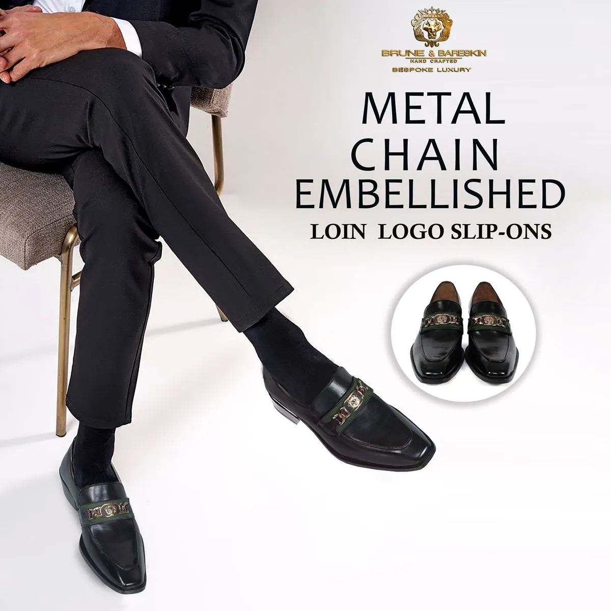 Black Cuban Heel Leather Loafer with Trademark Chain Logo