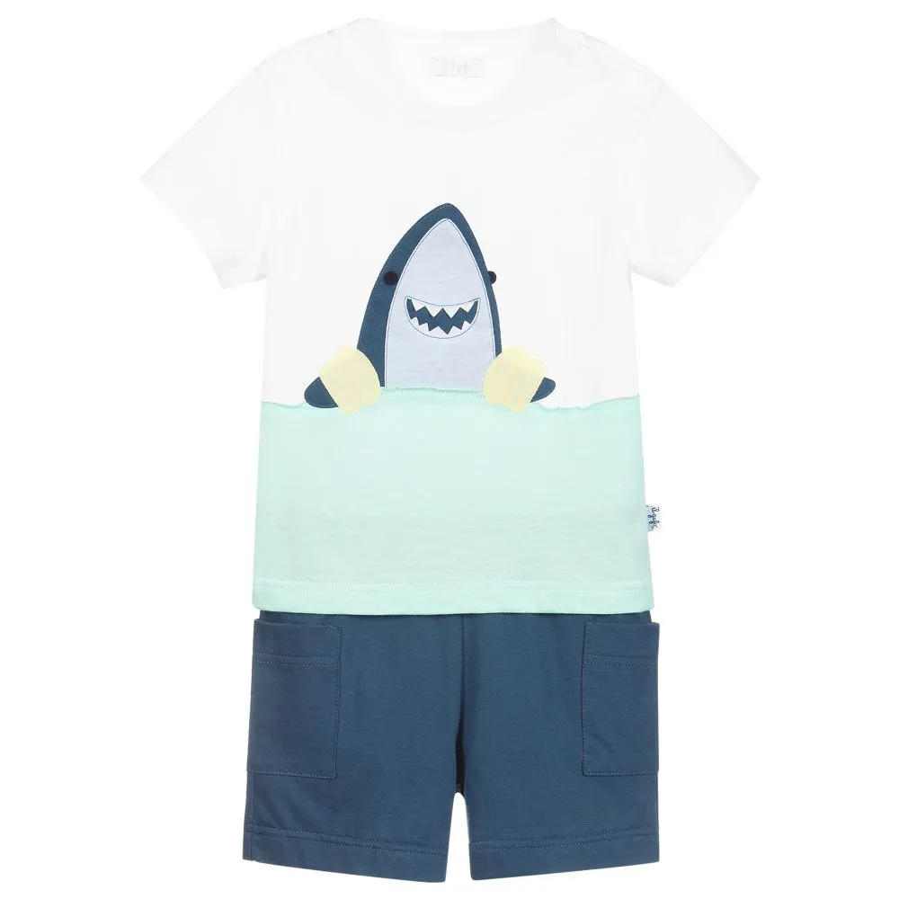 Blue & White Cotton Shorts Set