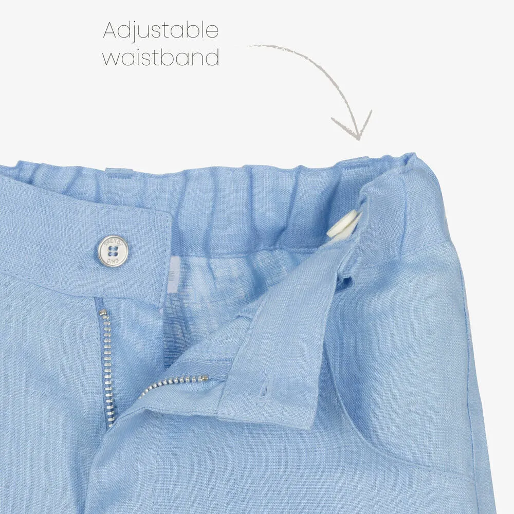 Boys White & Blue Linen Shorts Set