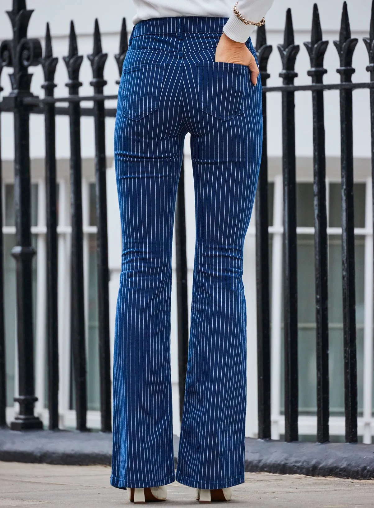 Buy SOSANDAR Navy Blue Pinstripe Kickflare Jean 18 | Jeans | Tu