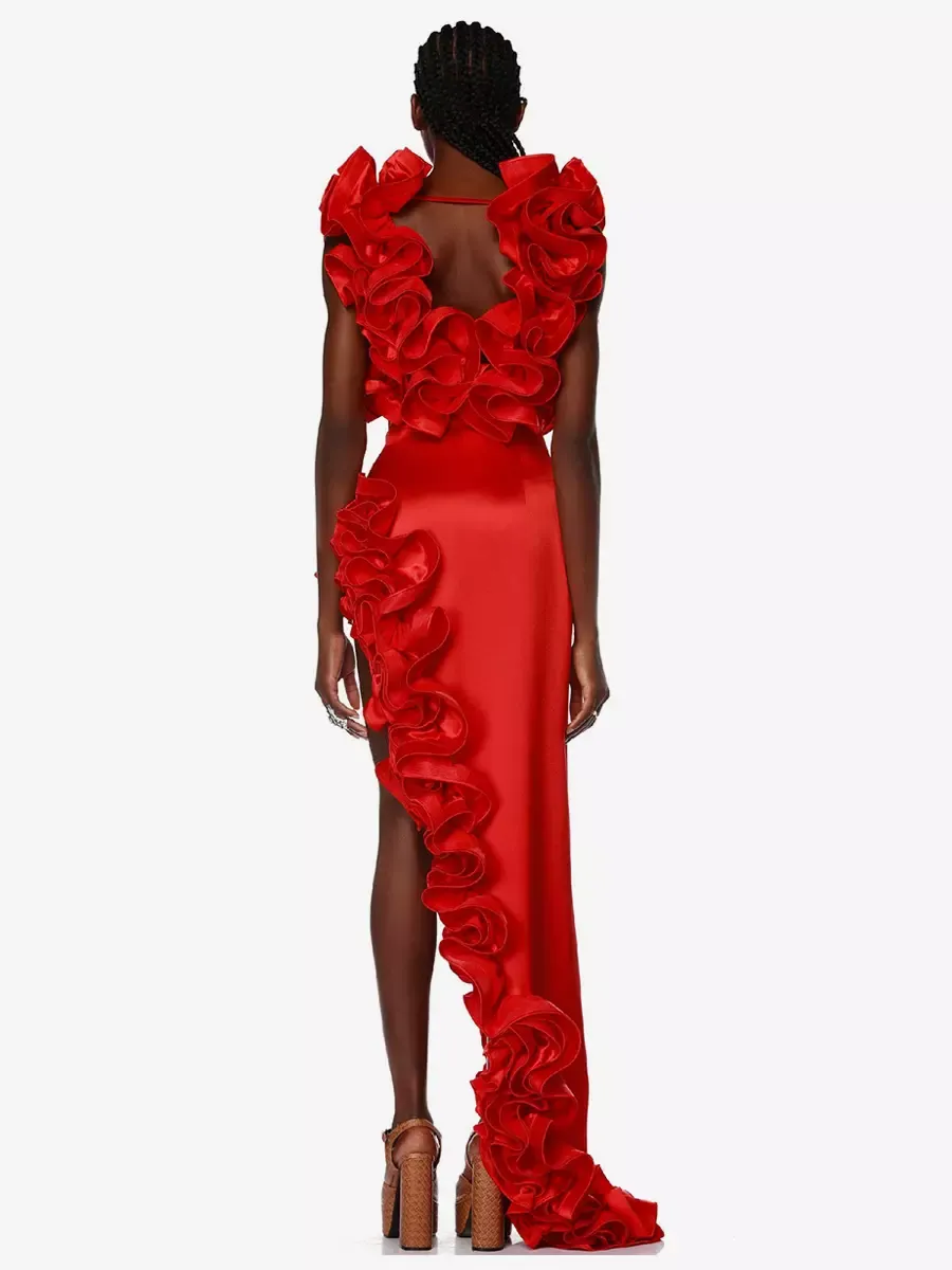 Chic Red Dress Ruffles Sleeveless Backless Asymmetrical Party Mini Dresses