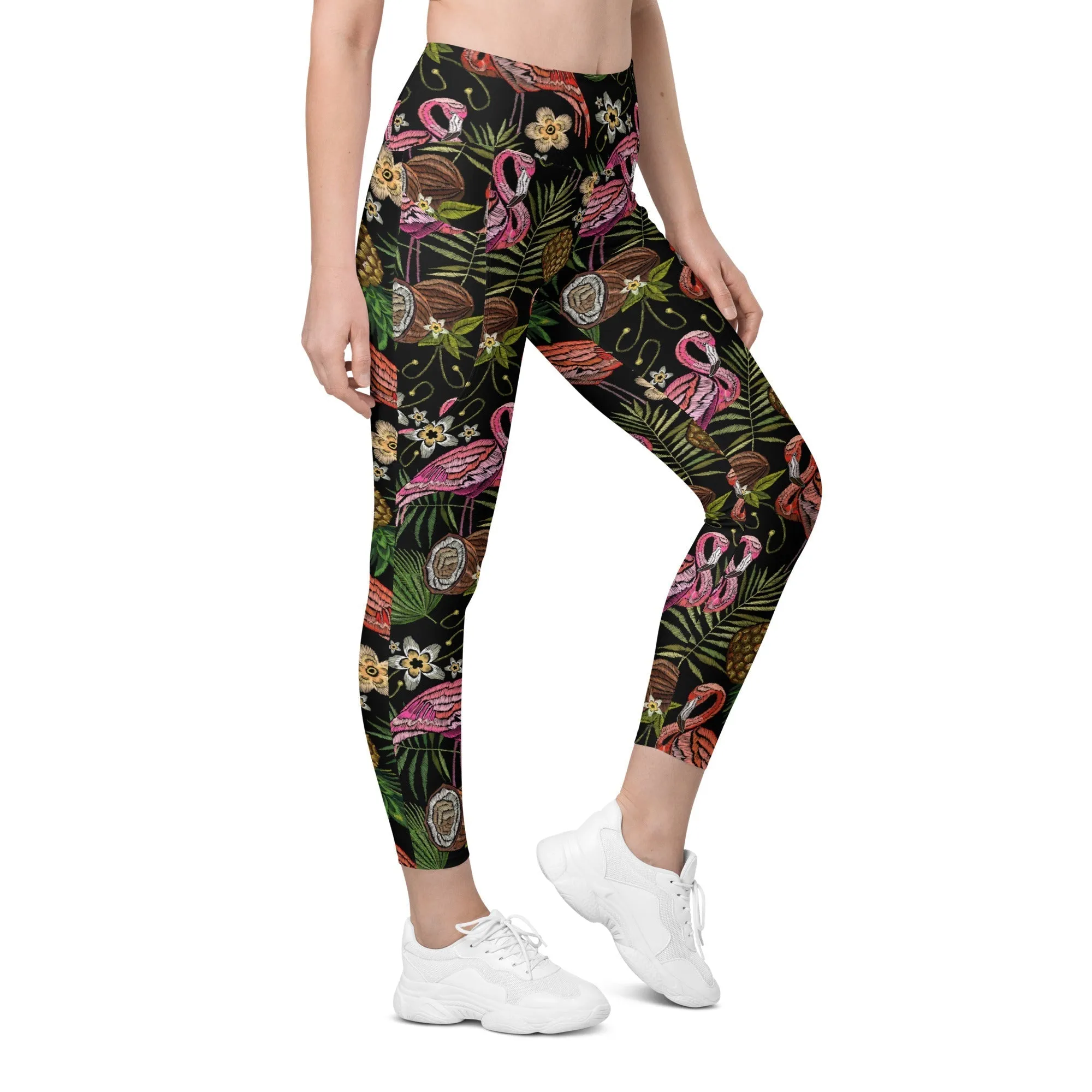 Embroidery Flamingo Leggings With Pockets