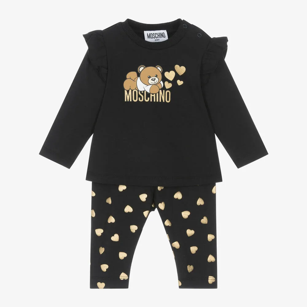 Girls Black Cotton Hearts Leggings Set