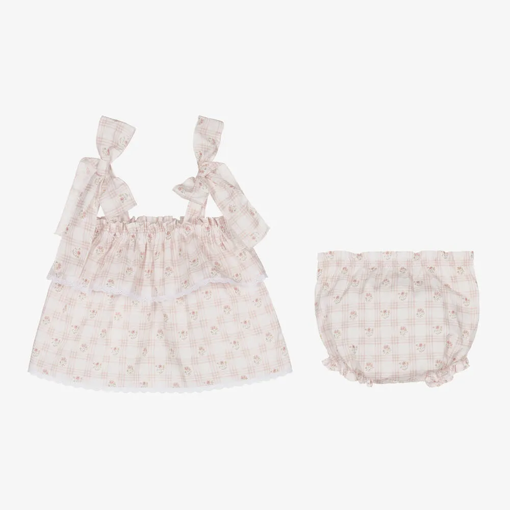Girls Ivory Floral Check Shorts Set