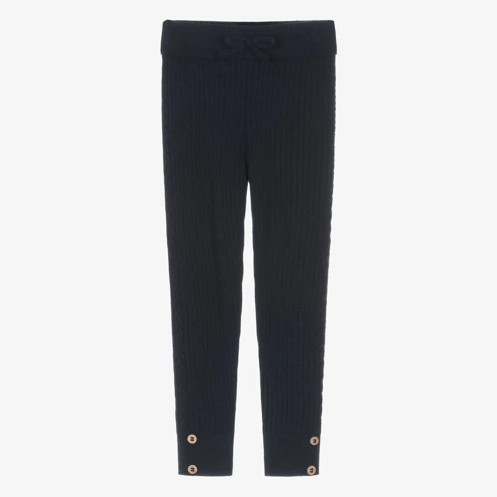 Girls Navy Blue Ribbed Knit Leggings
