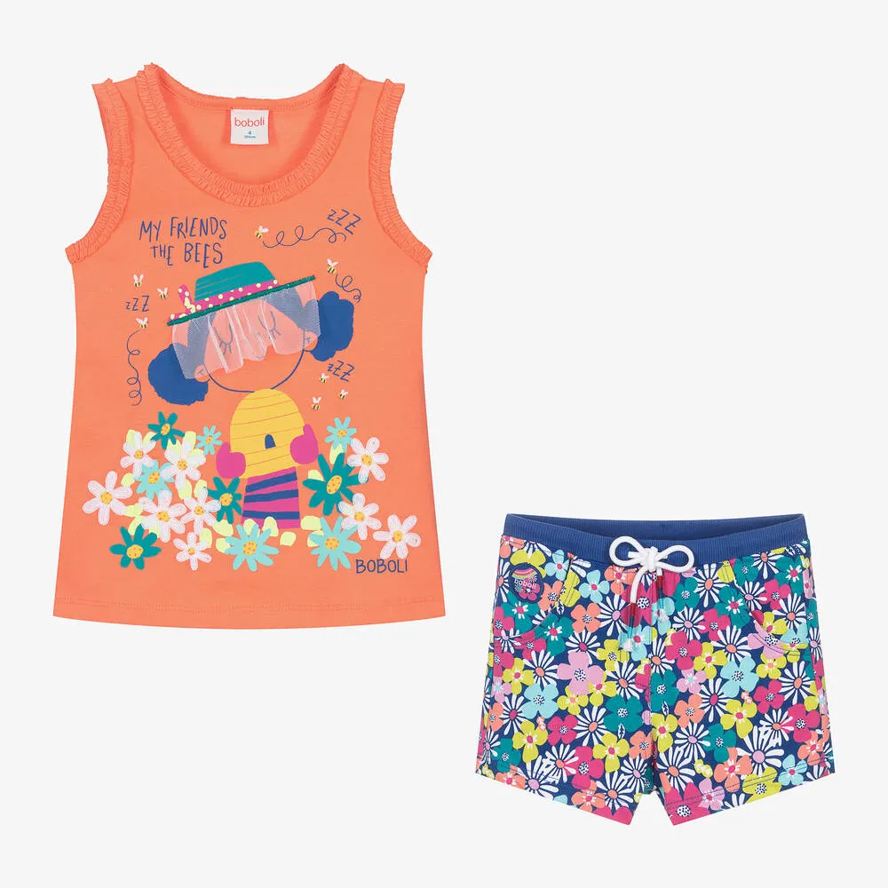 Girls Orange & Blue Bee Shorts Set