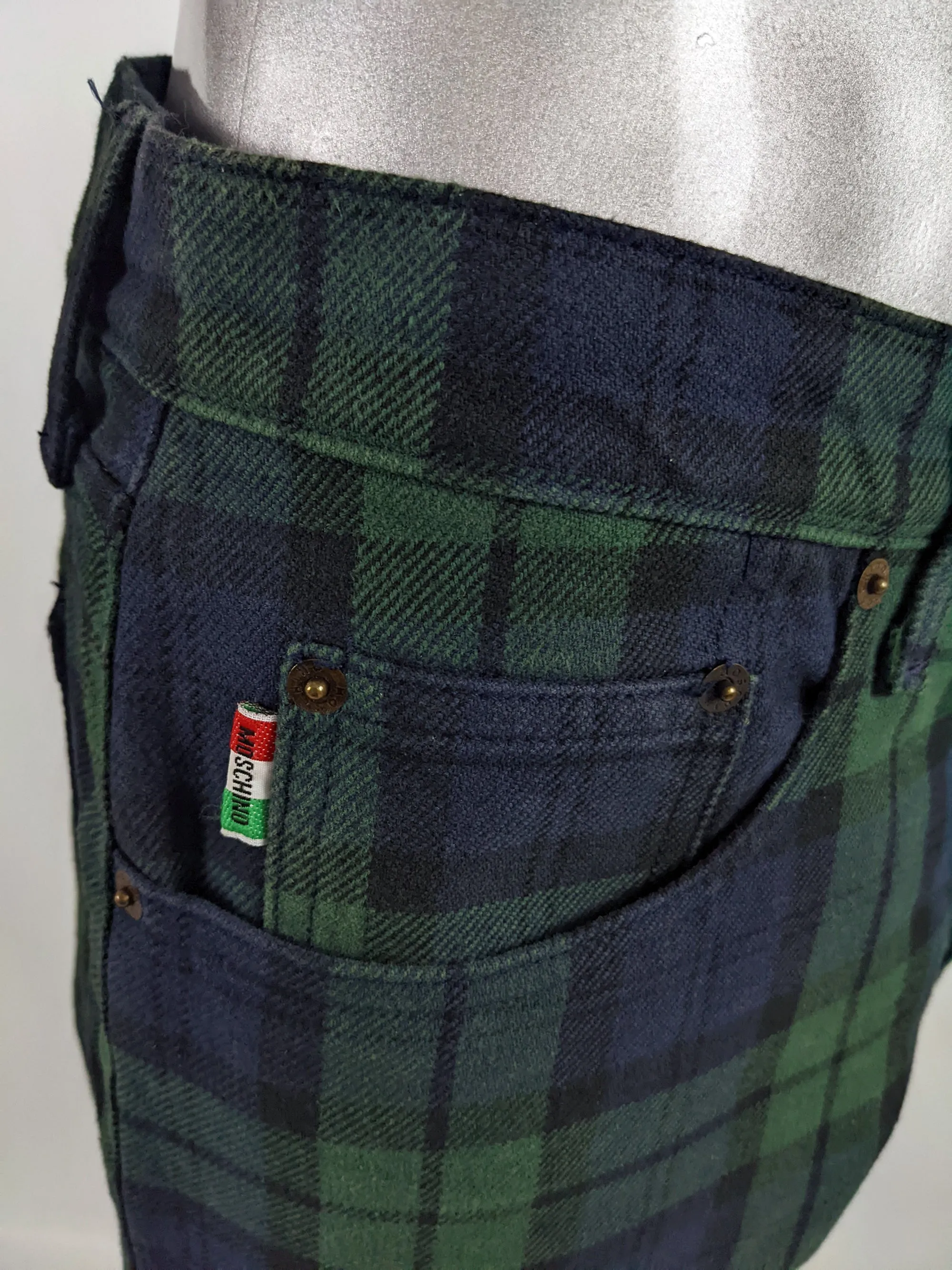 Moschino Vintage Mens Blue & Green Tartan Jeans, 1980s