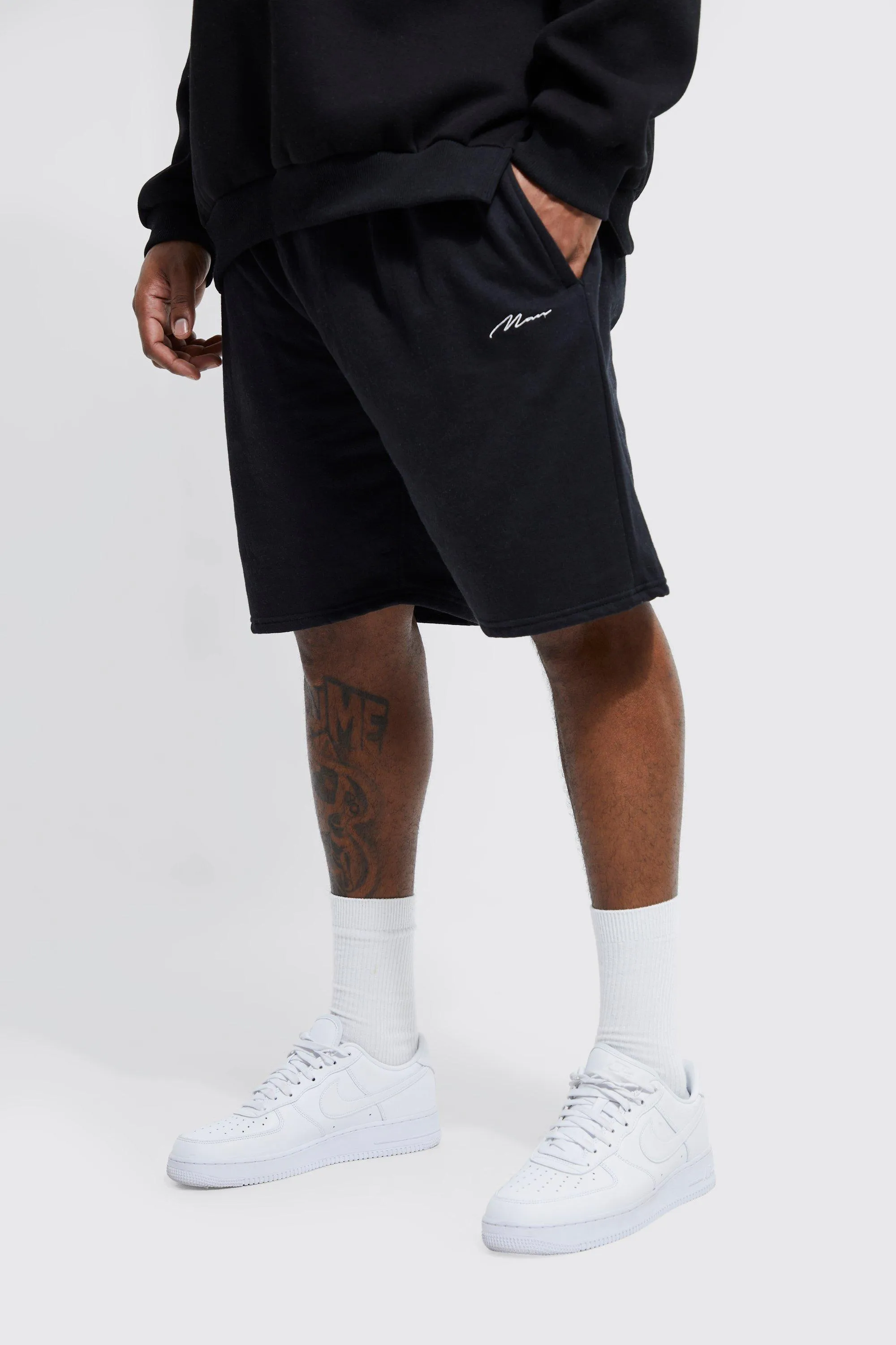 Plus Man Signature Embroidered Jersey Shorts | boohooMAN UK
