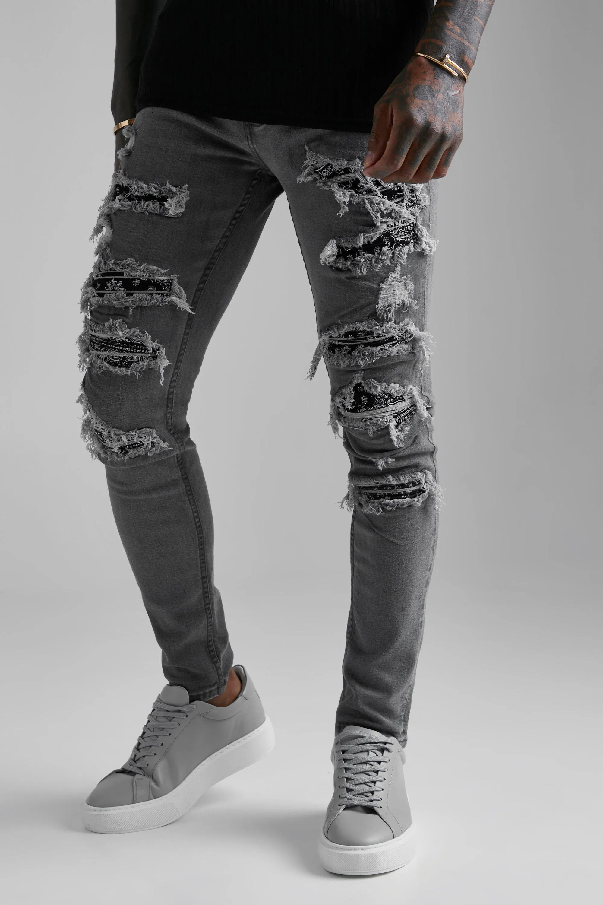 Skinny Stretch Rip & Repair Bandana Jeans | boohooMAN UK