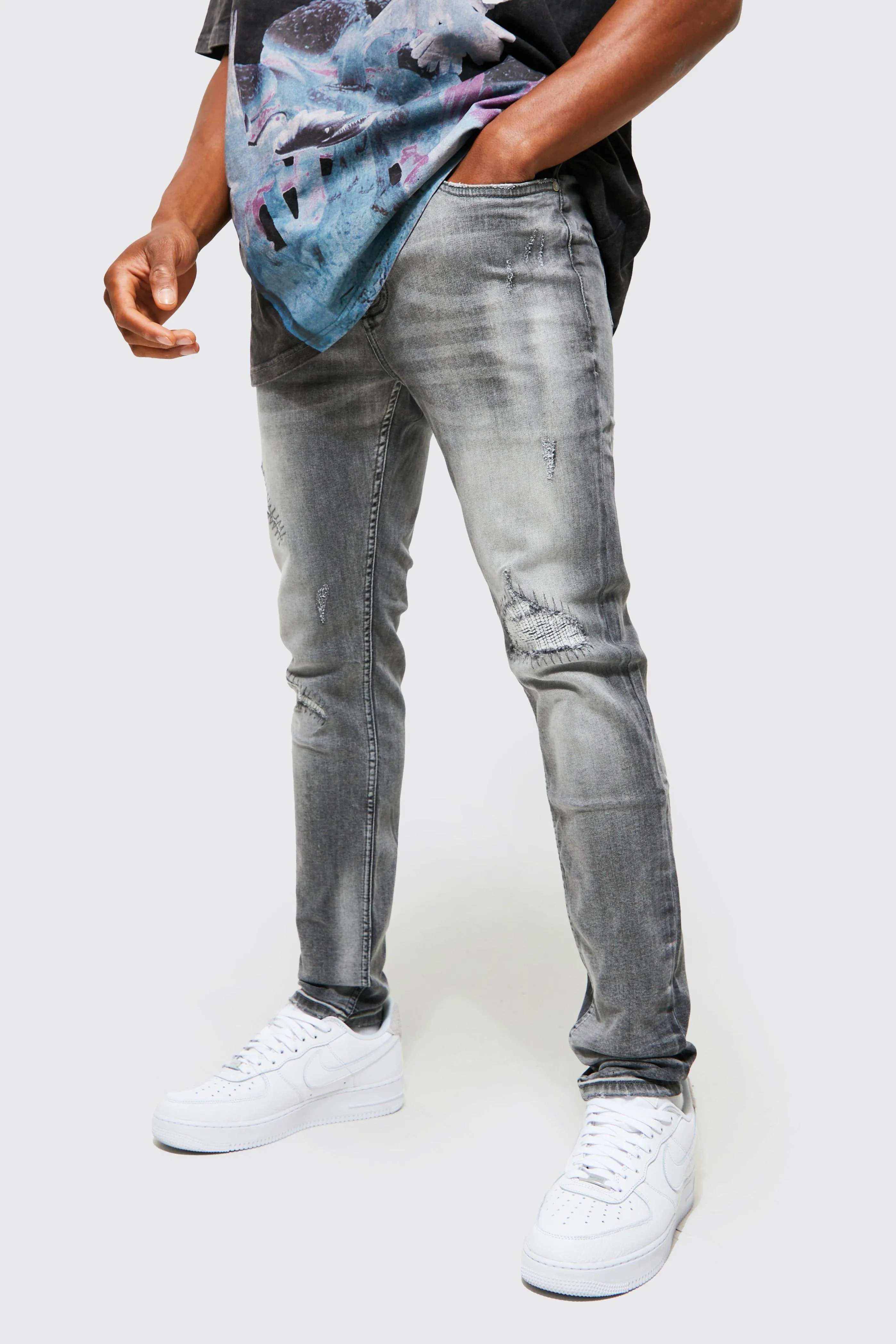 Skinny Stretch Rip And Repair Stitched Jeans | boohooMAN UK