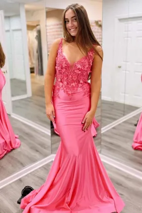 Solsticia | Fuchsia Mermaid V Neck Satin Long Prom Dresses With Appliques